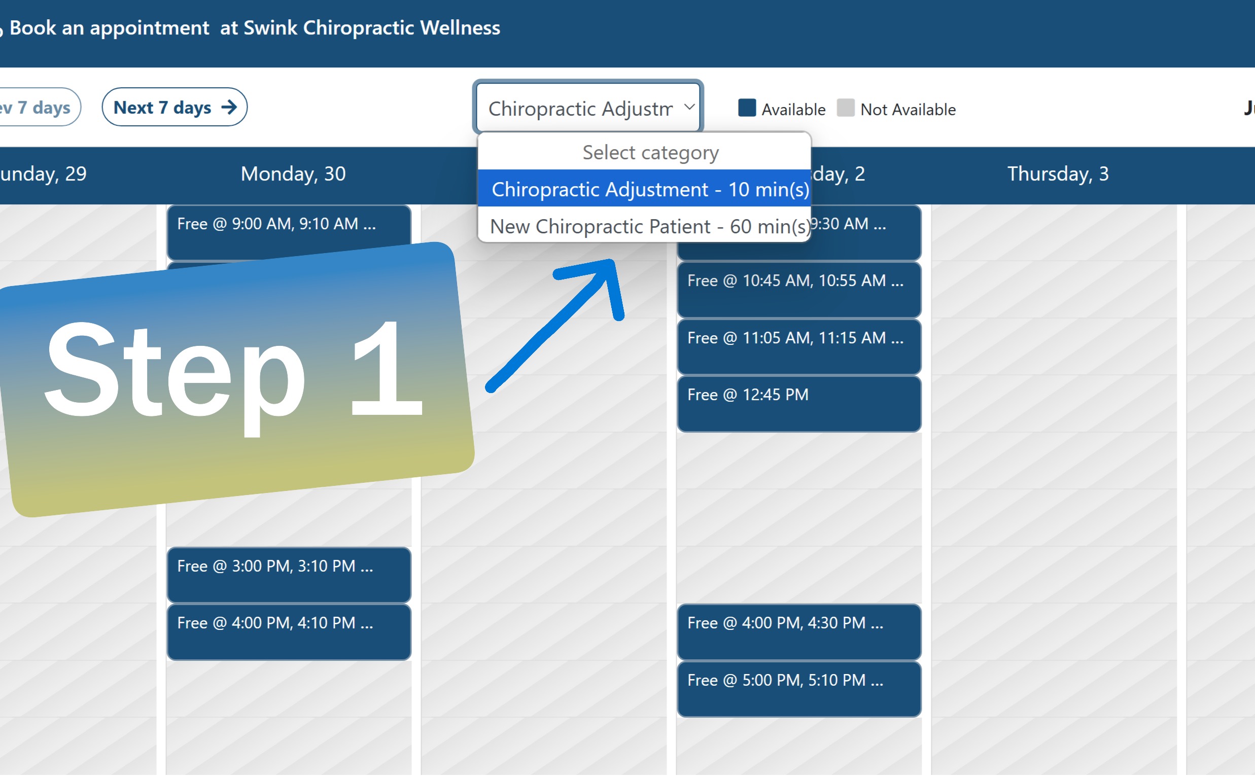 a screenshot of step 1 of online scheduling